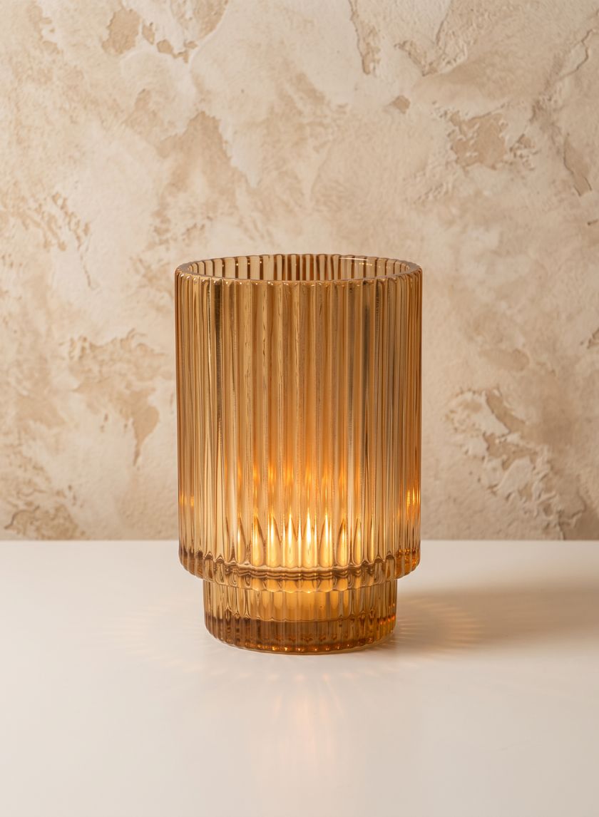 5in Tall Amber Pleated Glass Votive Holder Decor Jamali Garden