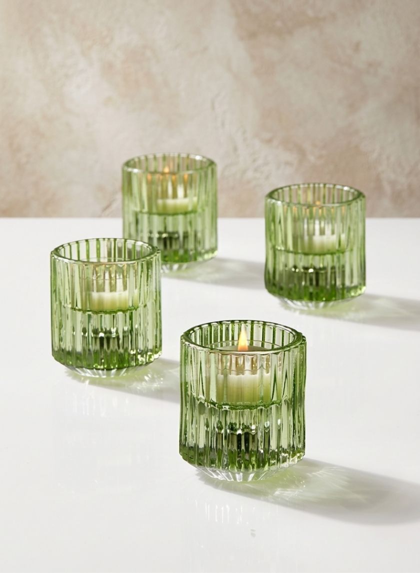 2.25in Tall Green Pleated Glass Tea Light Holder, Set of 4
