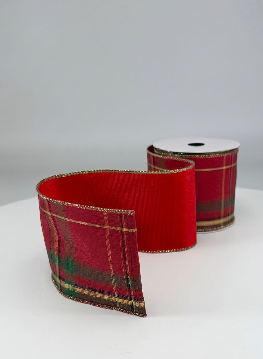 3.5in x 5 yards Double Face Plaid Wired and Red Velvet Ribbon