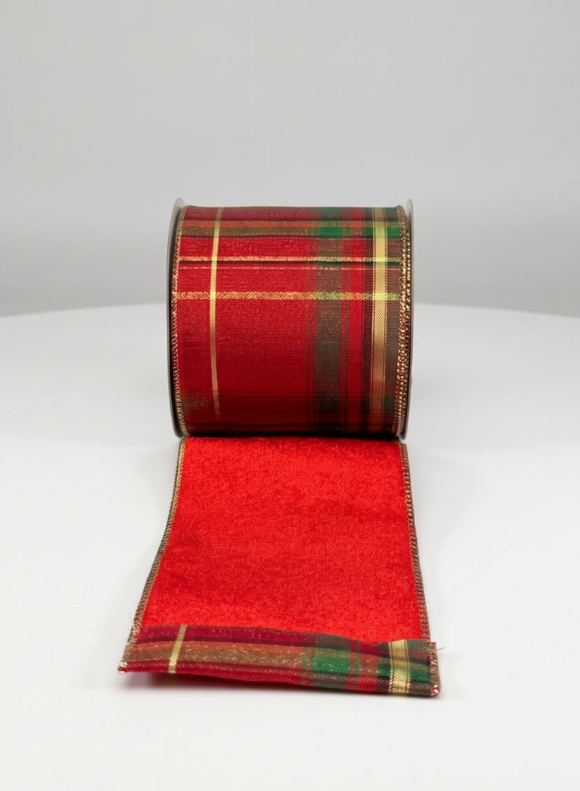 3.5in x 5 yards Double Face Plaid Wired and Red Velvet Ribbon