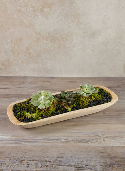 Jamali wood bowl with faux succulents, moss and black stones