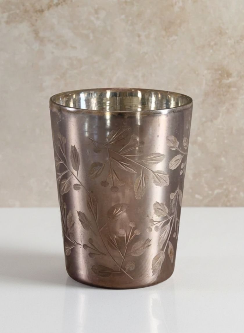 5in Tall Elizha Etched Leaf Burned Silver Glass Holder