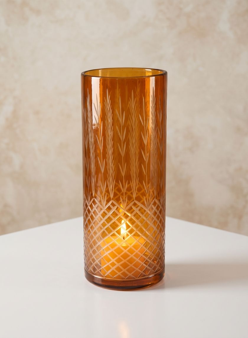 10in Tall Almira Palm Amber Cut Work Cylinder Glass Vase Decor Jamali Garden