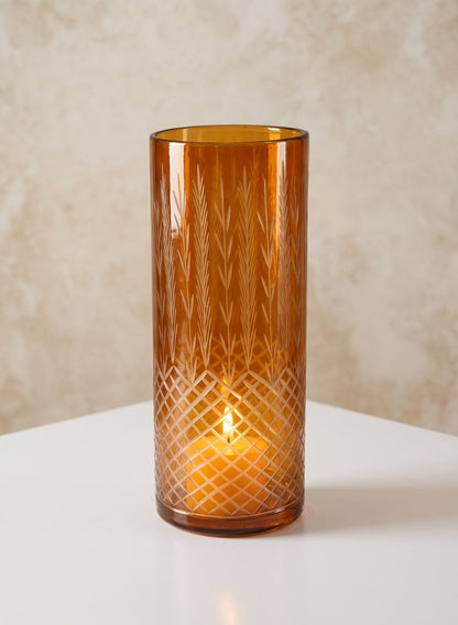 10in Tall Almira Palm Amber Cut Work Cylinder Glass Vase Decor Jamali Garden