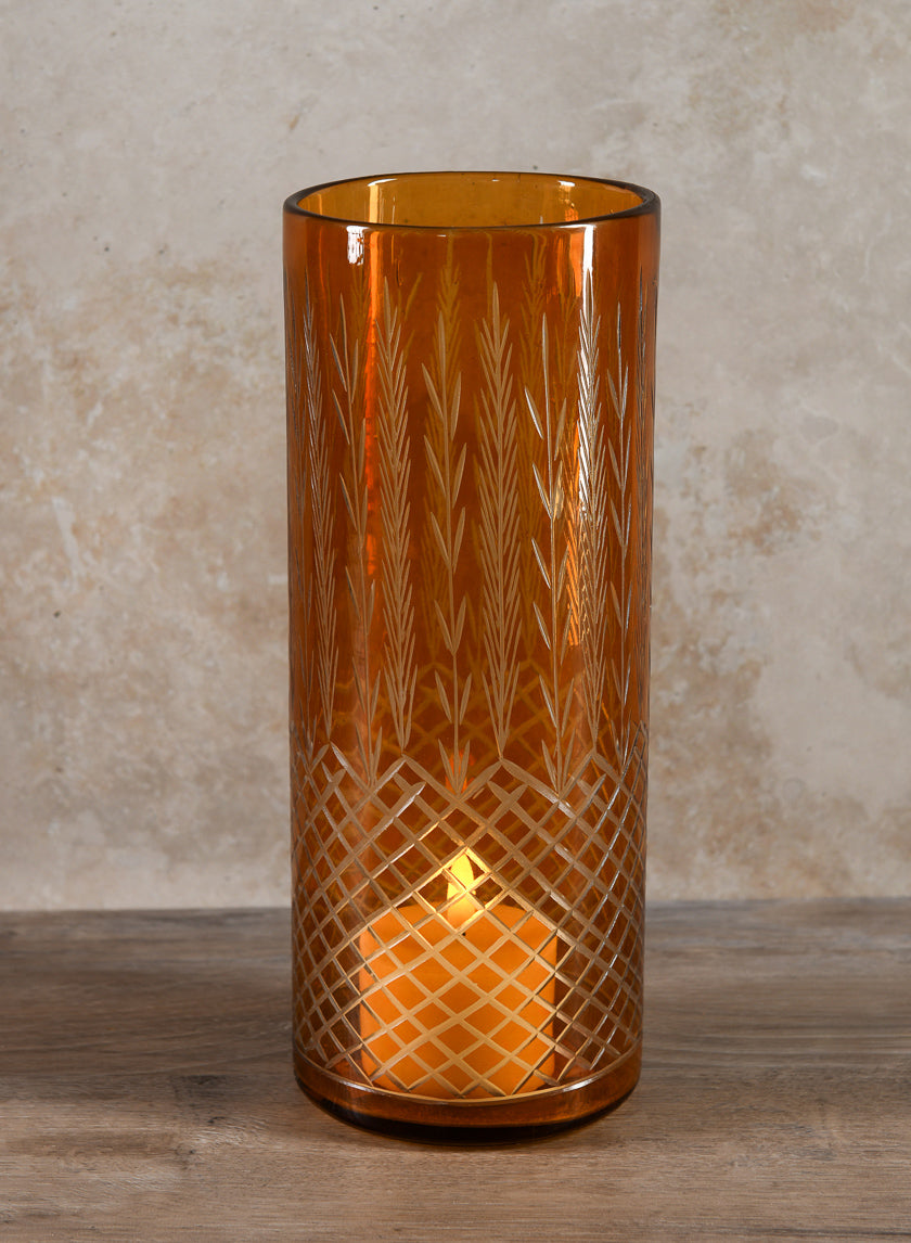 Almira Palm Amber Cut Work Cylinder Glass Candleholder