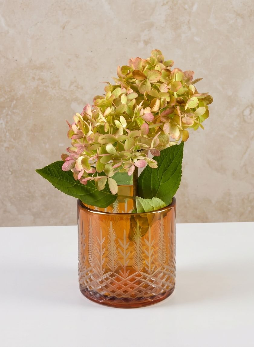 4in Tall Almira Palm Amber Cut Work Cylinder Glass Candleholder Decor Jamali Garden