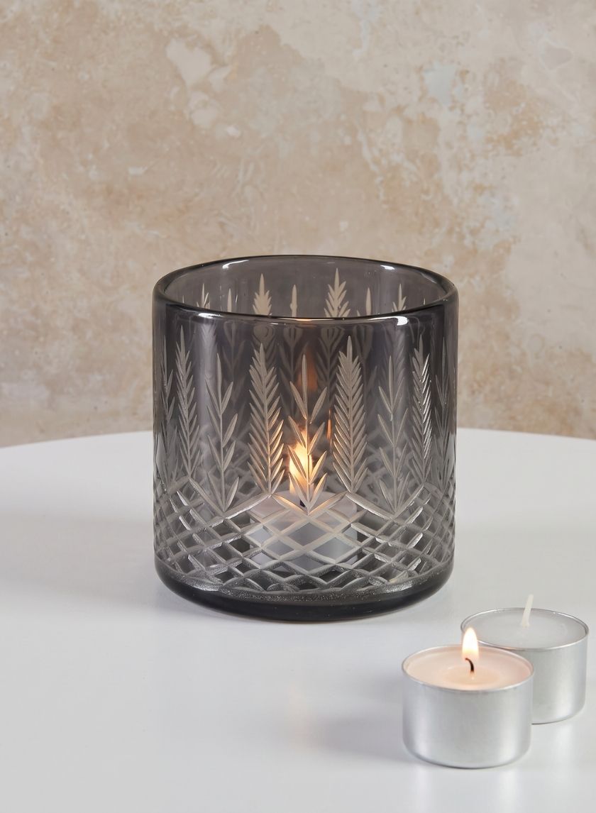 4in Tall Almira Palm Smoke Gray Cut Work Cylinder Glass Candleholder Decor Jamali Garden