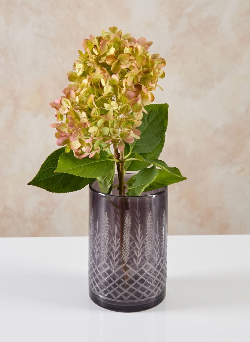 6in Tall Almira Palm Smoke Gray Cut Work Cylinder Glass Vase Decor Jamali Garden