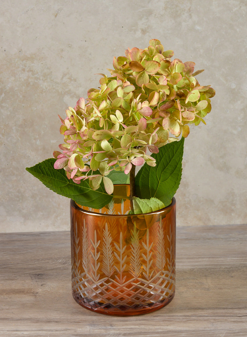 Almira Palm Amber Cut Work Cylinder Glass Candleholder