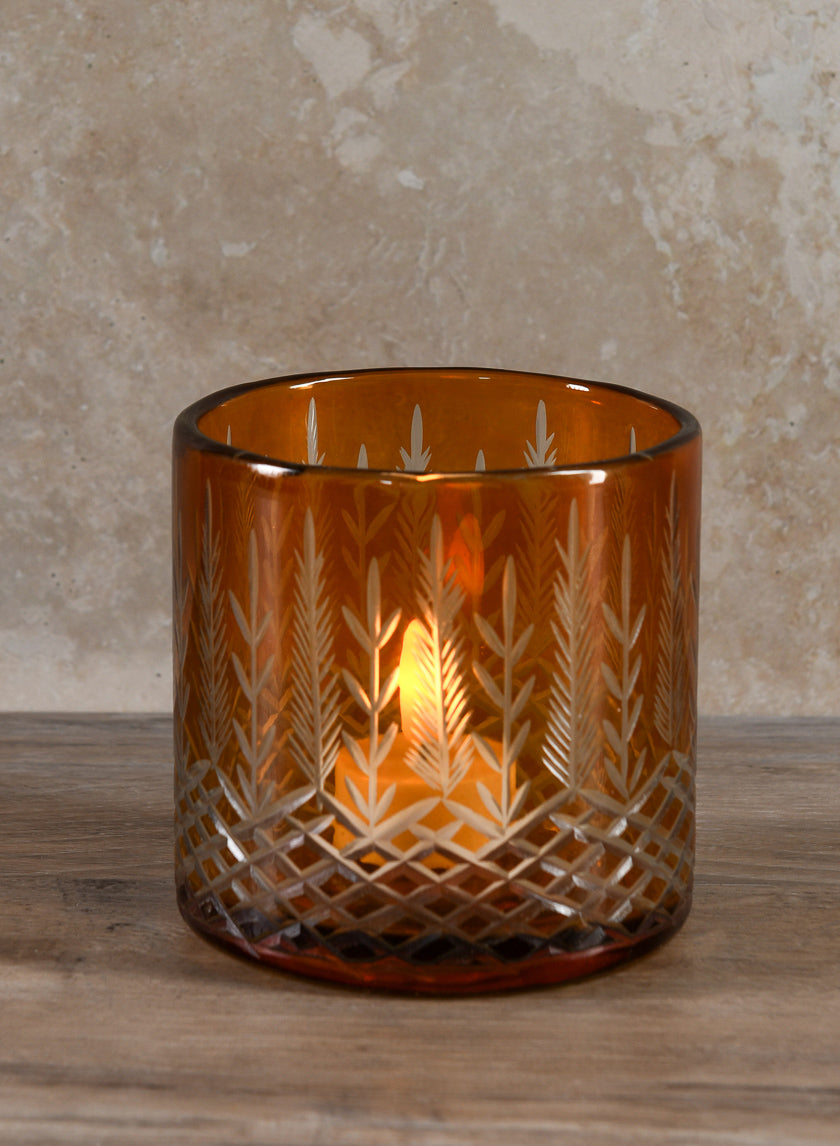 Almira Palm Amber Cut Work Cylinder Glass Candleholder