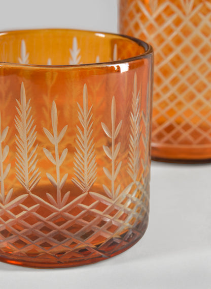 Almira Palm Amber Cut Work Cylinder Glass Candleholder