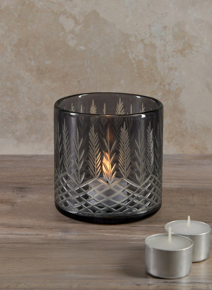 Almira Palm Smoke Gray Cut Work Glass Cylinder Decor Jamali Garden
