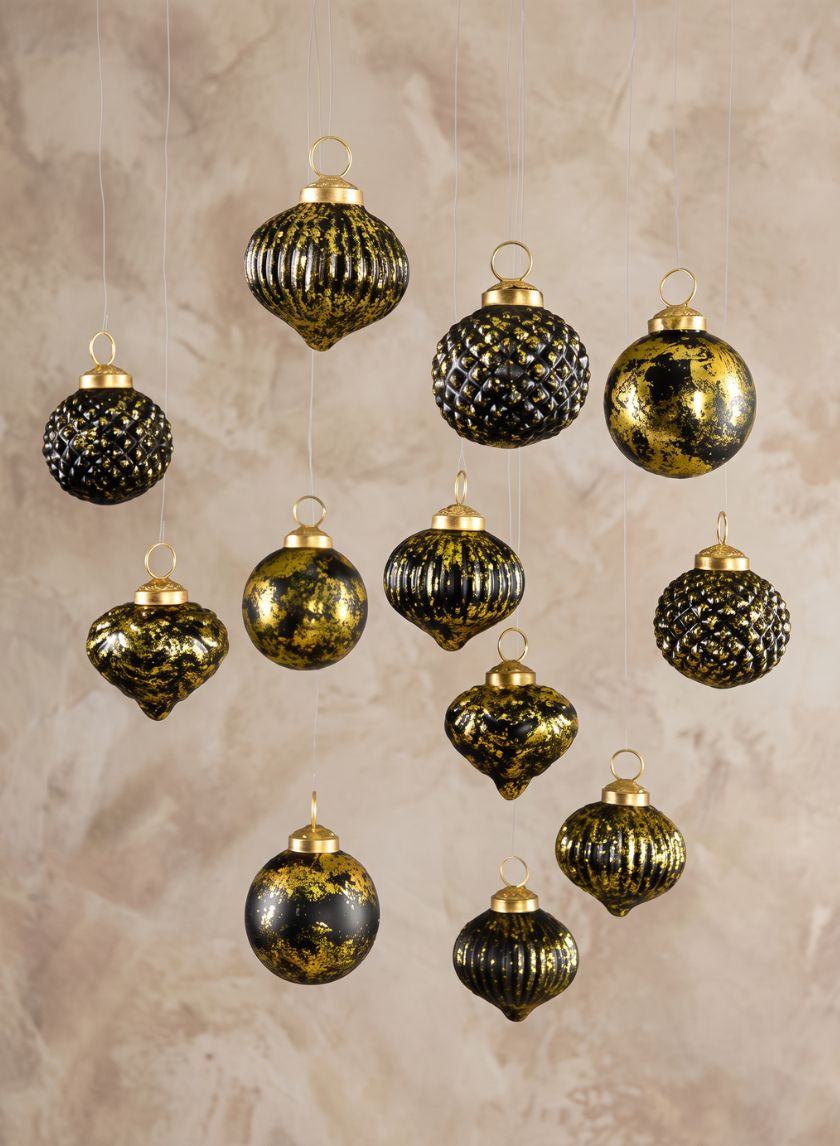 2.5in Wide Black Gold Antique Glass Ornaments, Set of 12 Decor Jamali Garden