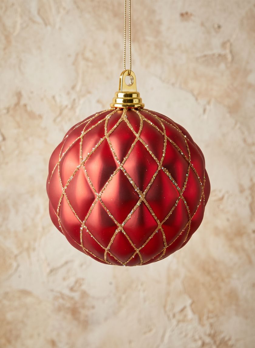 6in Round Red Gold Harlequin Plastic Ornament Ball Decor Jamali Garden