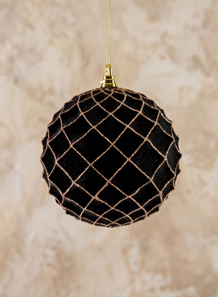 5in Round Flocked Black Plastic Ornament With Gold Decor Jamali Garden