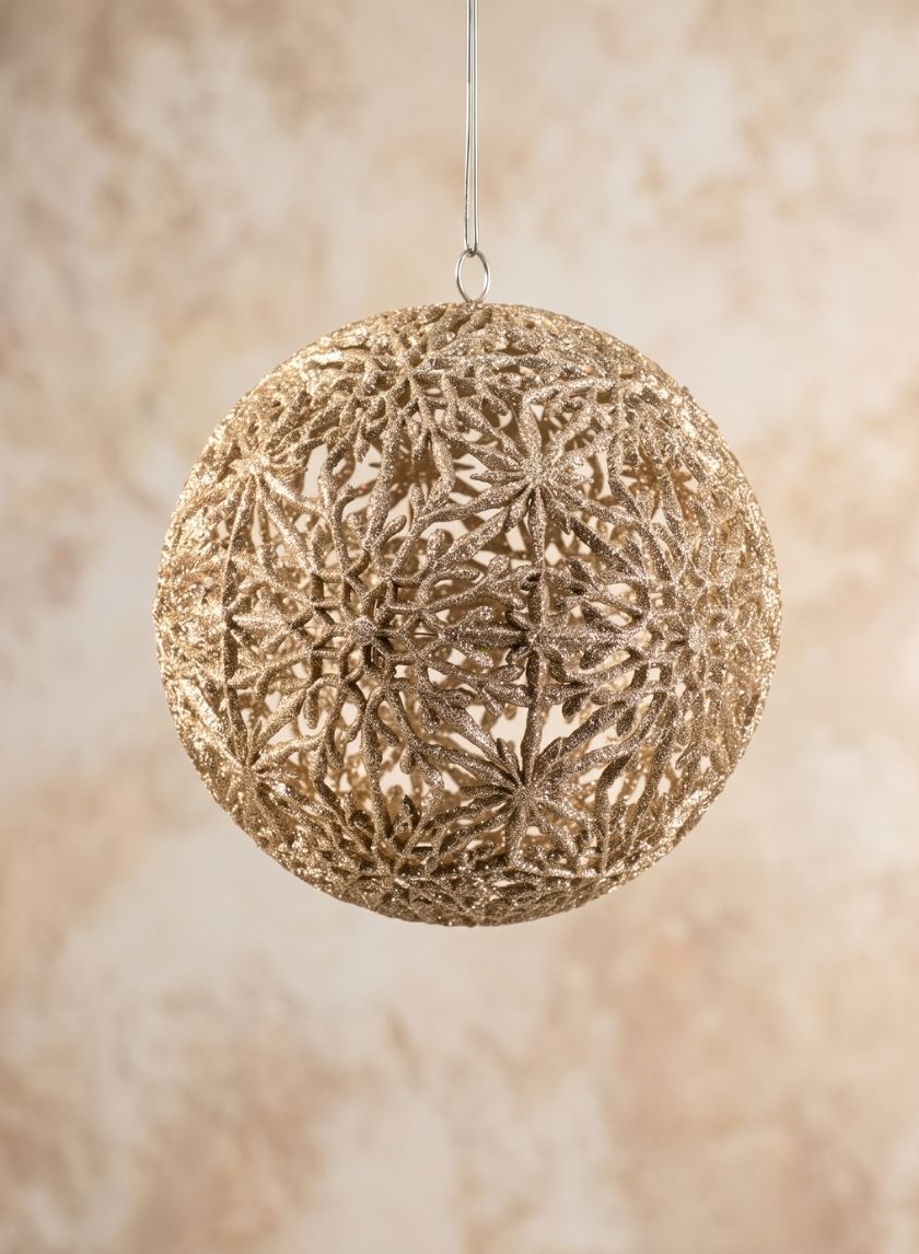 8in Round Snowflake Hollow Plastic Ball - Laser &amp; Champagne Gold Glitter Decor Jamali Garden