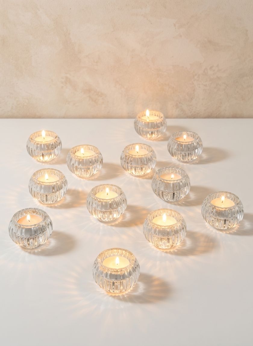 2.5in Wide Clear Pleated Tealight Glass Holder, Set of 12