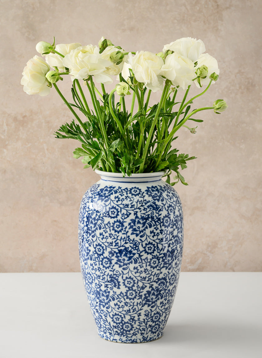 11in Tall Qing Dynasty Blue Floral Ceramic Vase Decor Jamali Garden