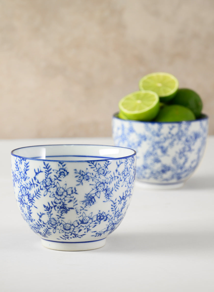 3.25in Tall Qing Dynasty Blue Floral Ceramic Bowls, Set of 2 Decor Jamali Garden