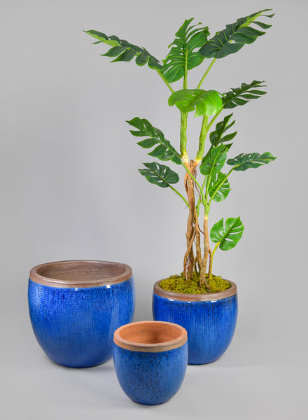 Rimmed Clay & Ceramic Planter Bowl, Santorini Blue – Jamali Garden