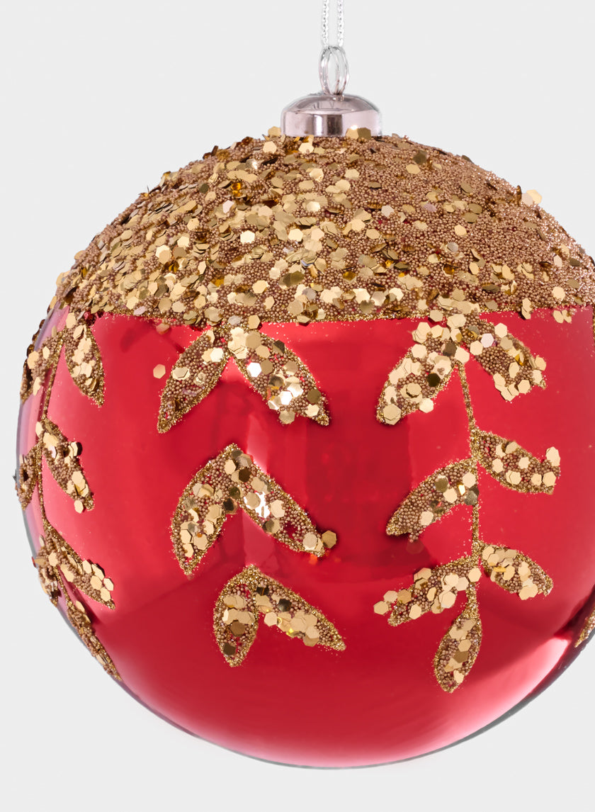6in Plastic "Real Glass Look" Beaded Leaves Red Ornament