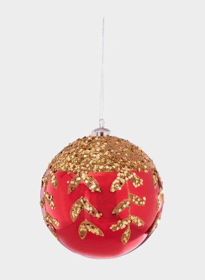 6in Plastic "Real Glass Look" Beaded Leaves Red Ornament