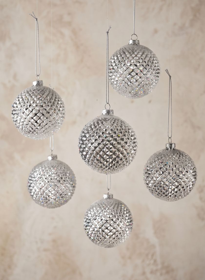 3in Round Silver Glitter Durian Ball Plastic Ornament, Set of 6 Decor Jamali Garden
