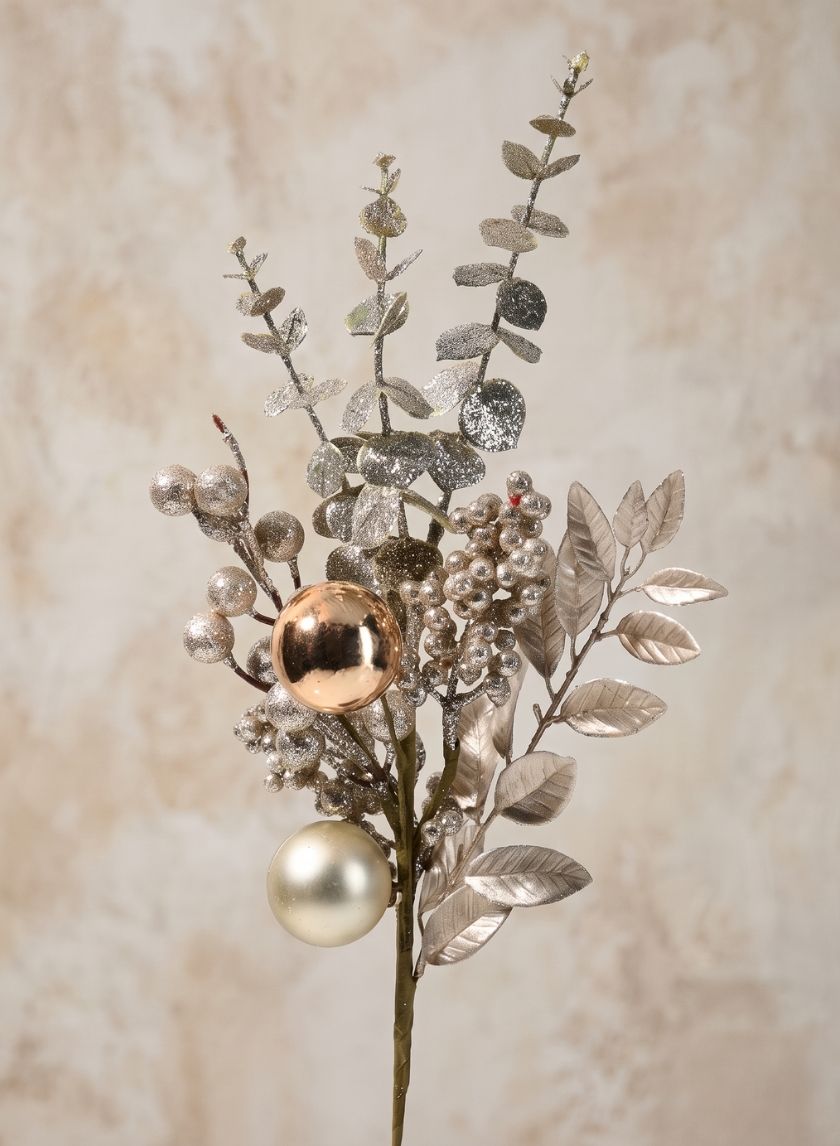 19in Long Champagne Glitter Eucalyptus &amp; Berry Pick, Case of 12