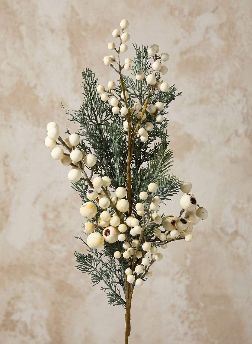 28.5in Long White Berry &amp; Mixed Blue Fir Pick, Case of 12 Decor Jamali Garden