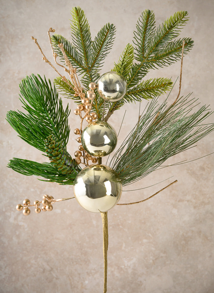 25in Long Classic Pine Pick with Gold Ornaments and Glitter Berries, Case of 12 Decor Jamali Garden