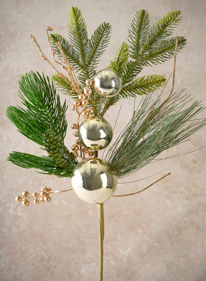 25in Long Classic Pine Pick with Gold Ornaments and Glitter Berries, Case of 12 Decor Jamali Garden