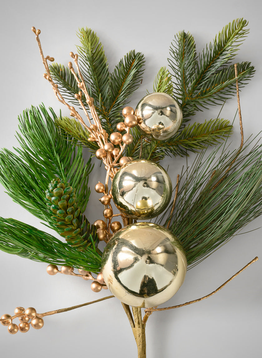 25in Long Classic Pine Pick with Gold Ornaments and Glitter Berries, Case of 12 Decor Jamali Garden