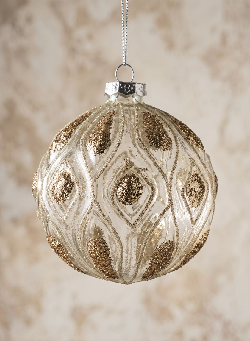 4in Round Royal Gold Glitter Glass Ornament, Set of 4 Decor Jamali Garden