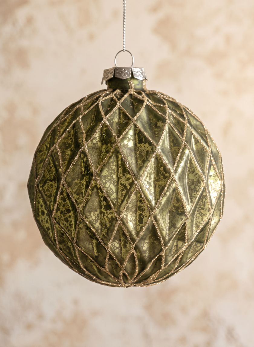 4in Round Gilded Antique Silver Forest Pine Green Glass Ornament, Set of 4 Decor Jamali Garden