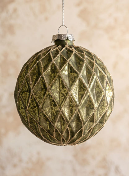 4in Round Gilded Antique Silver Forest Pine Green Glass Ornament, Set of 4 Decor Jamali Garden