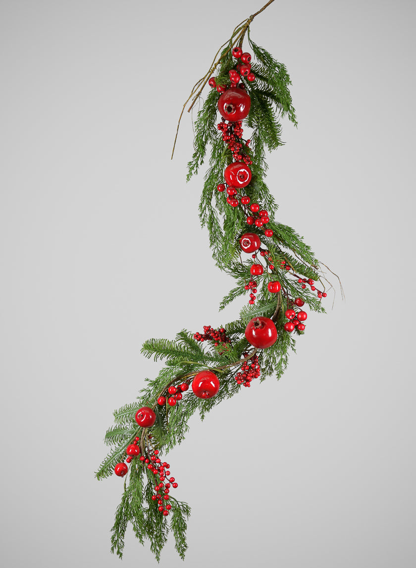 62in Long Festive Pine Garland with Red Berries and Apple Assortment, Case of 4 Decor Jamali Garden