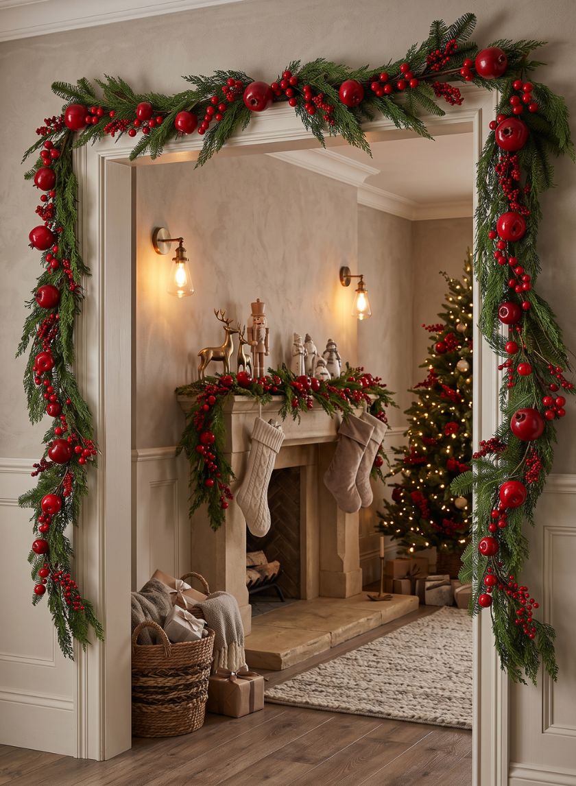 62in Long Festive Pine Garland with Red Berries and Apple Assortment, Case of 4 Decor Jamali Garden