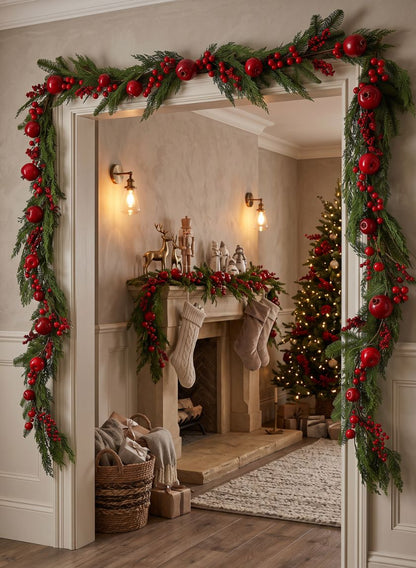 62in Long Festive Pine Garland with Red Berries and Apple Assortment, Case of 4 Decor Jamali Garden