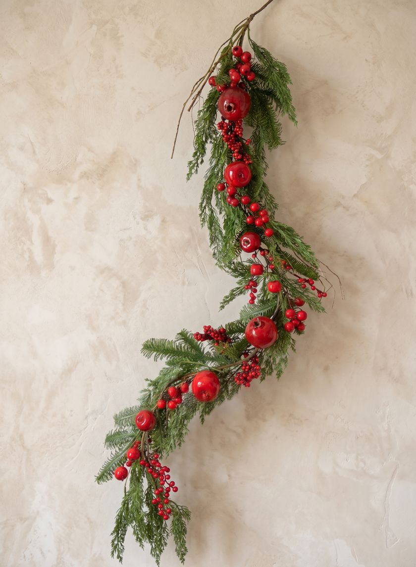62in Long Festive Pine Garland with Red Berries and Apple Assortment, Case of 4 Decor Jamali Garden