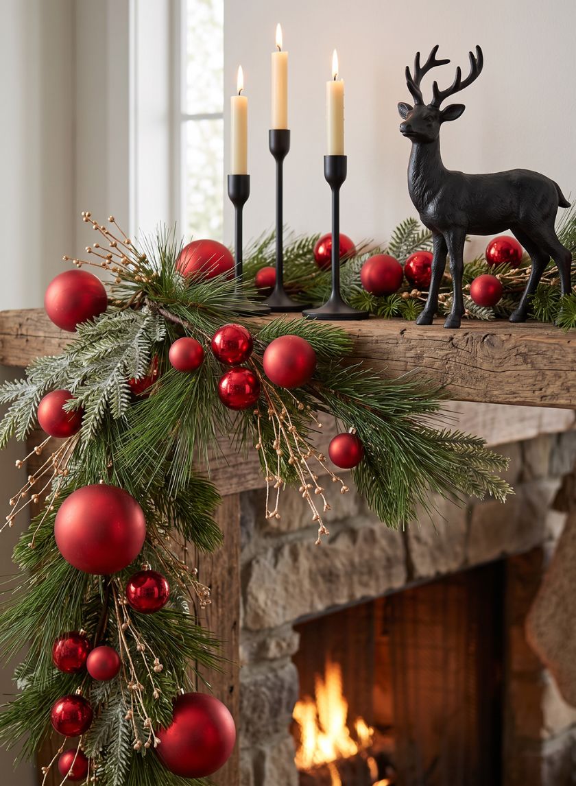 60in Long Classic Pine Garland with Red Ornaments &amp; Glitter Berries