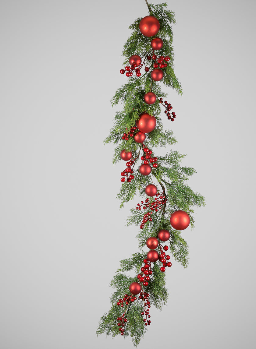62in Long Classic Christmas Pine Garland with Red Ball Ornament and Red Berry, Case of 4 Decor Jamali Garden