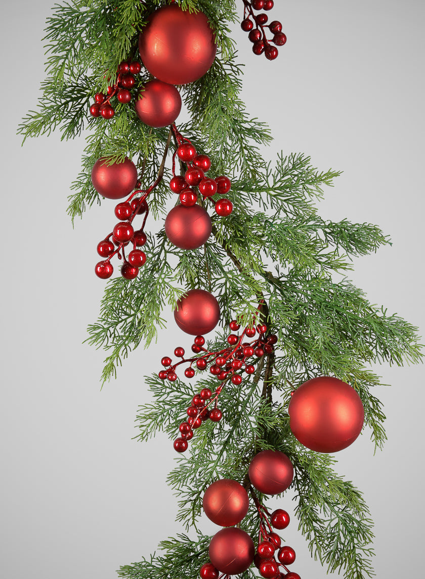 62in Long Classic Christmas Pine Garland with Red Ball Ornament and Red Berry, Case of 4 Decor Jamali Garden