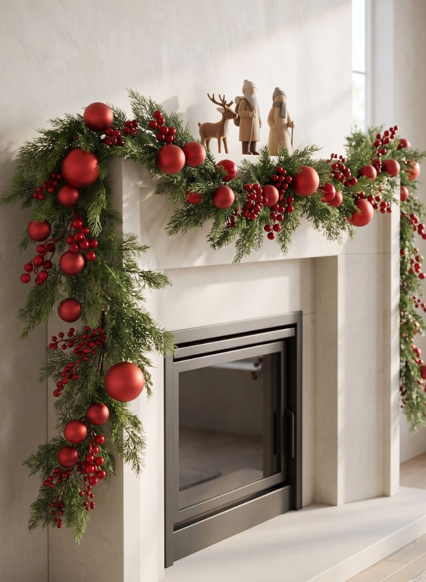 62in Long Classic Christmas Pine Garland with Red Ball Ornament and Red Berry, Case of 4 Decor Jamali Garden