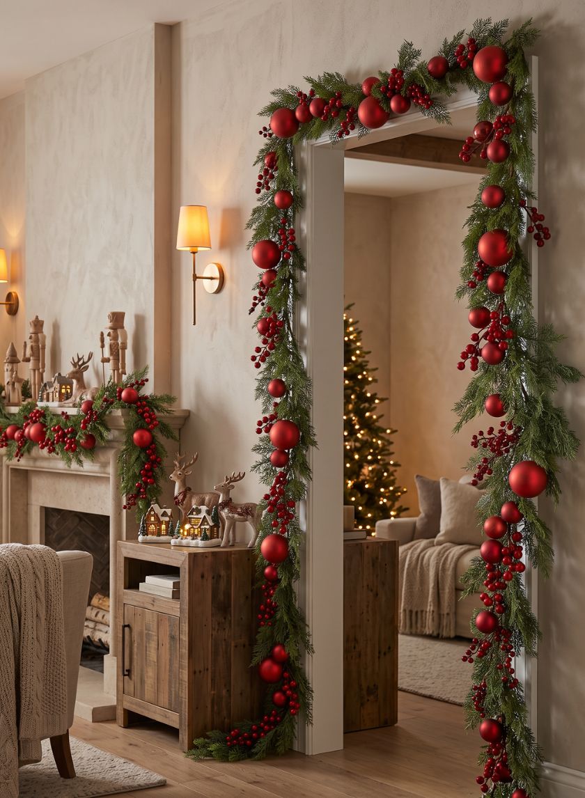 62in Long Classic Christmas Pine Garland with Red Ball Ornament and Red Berry, Case of 4 Decor Jamali Garden