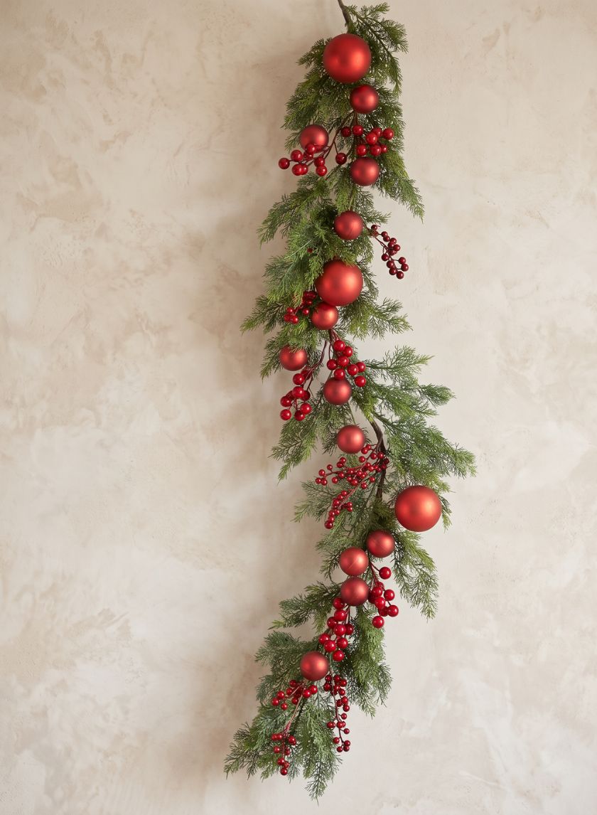 62in Long Classic Christmas Pine Garland with Red Ball Ornament and Red Berry, Case of 4 Decor Jamali Garden