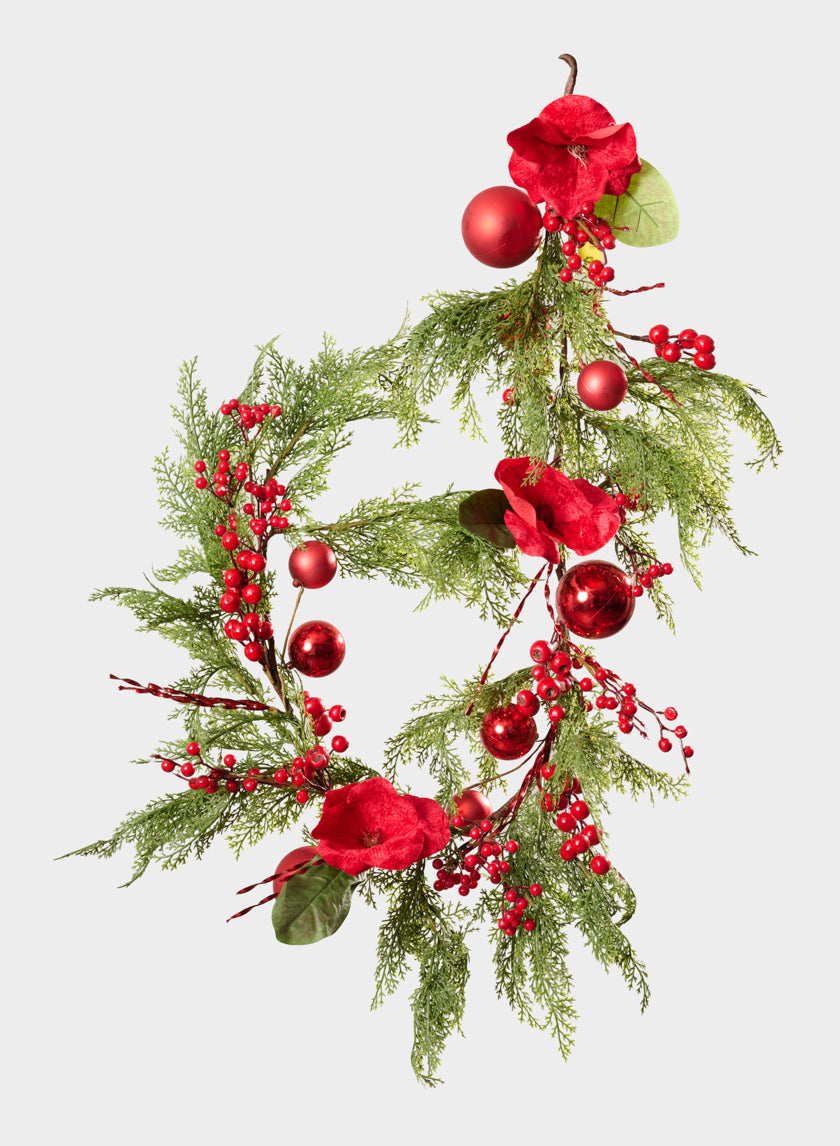 5ft Red Magnolia and Ball Pine Garland
