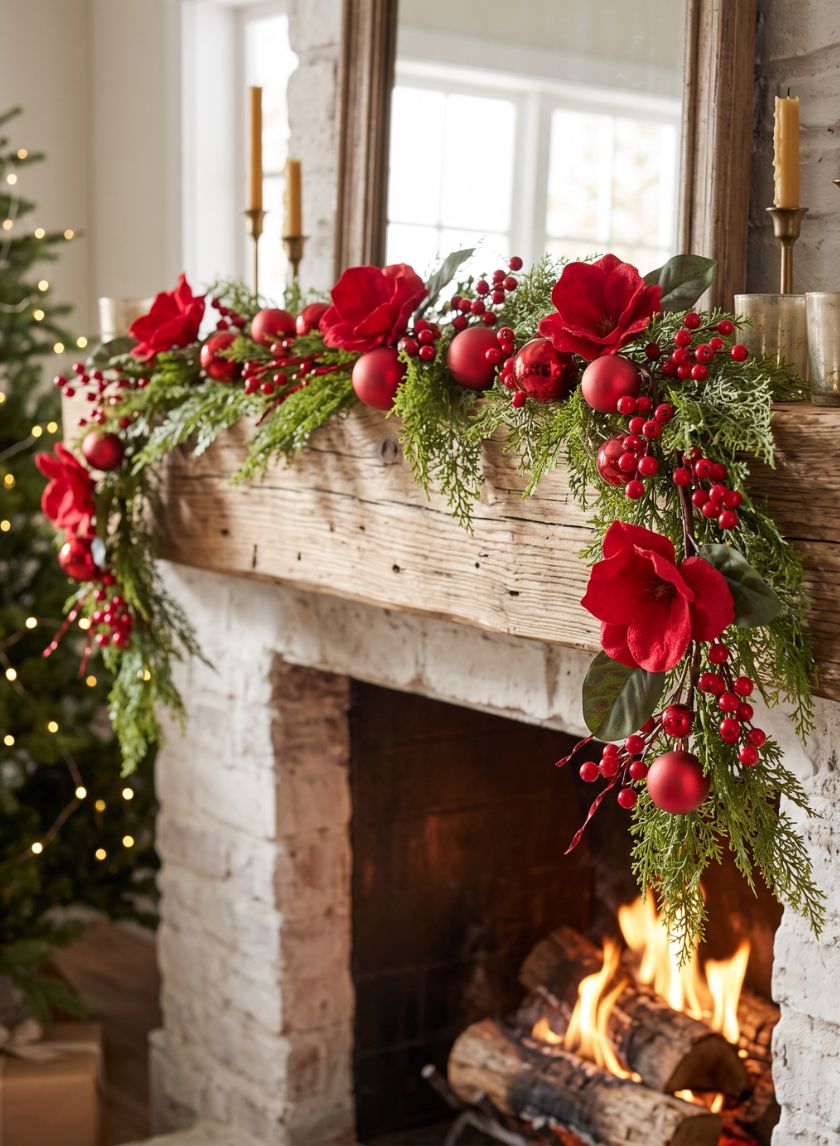 60in Long Red Magnolia and Ball Pine Garland