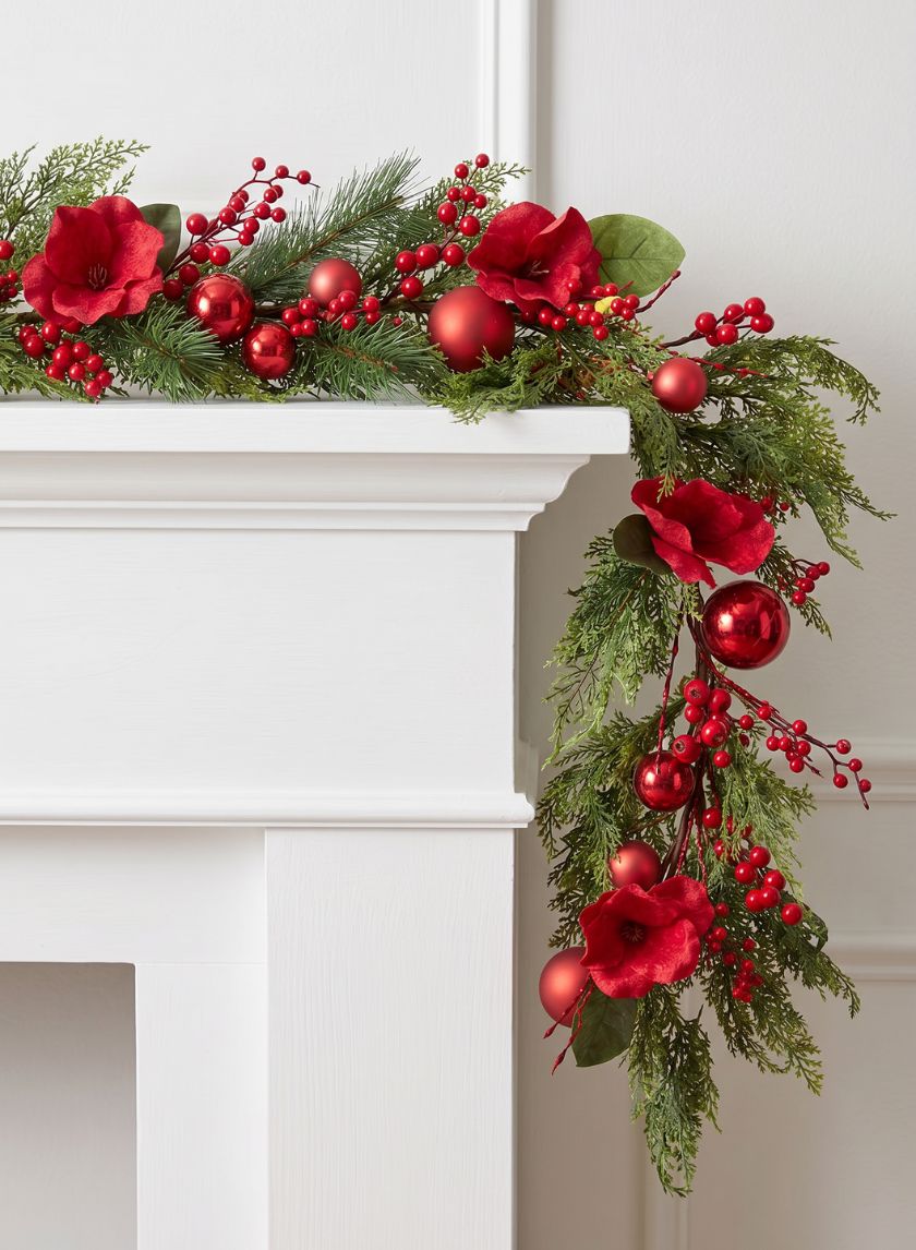 60in Long Red Magnolia and Ball Pine Garland Decor Jamali Garden