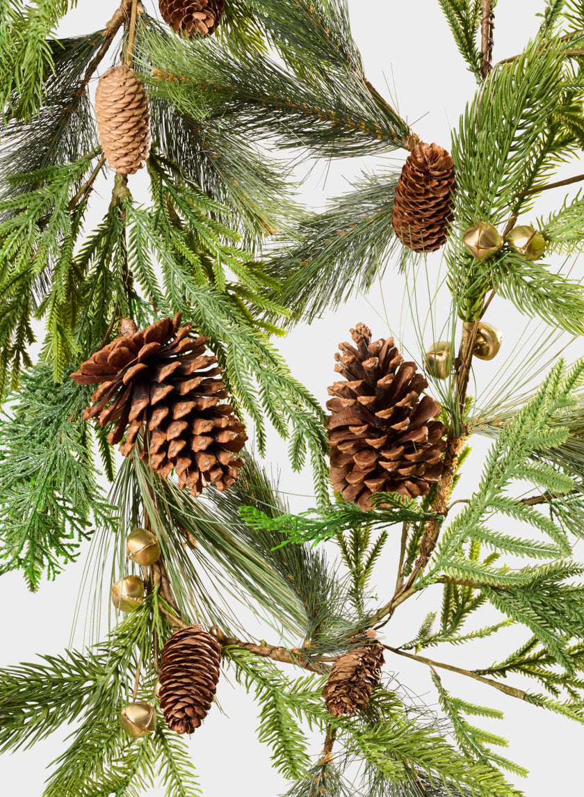 The 5ft Gingle Bell Pine Cone Garland features pine branches with green needles, brown pinecones, and small gold ornaments arranged against a white background.
