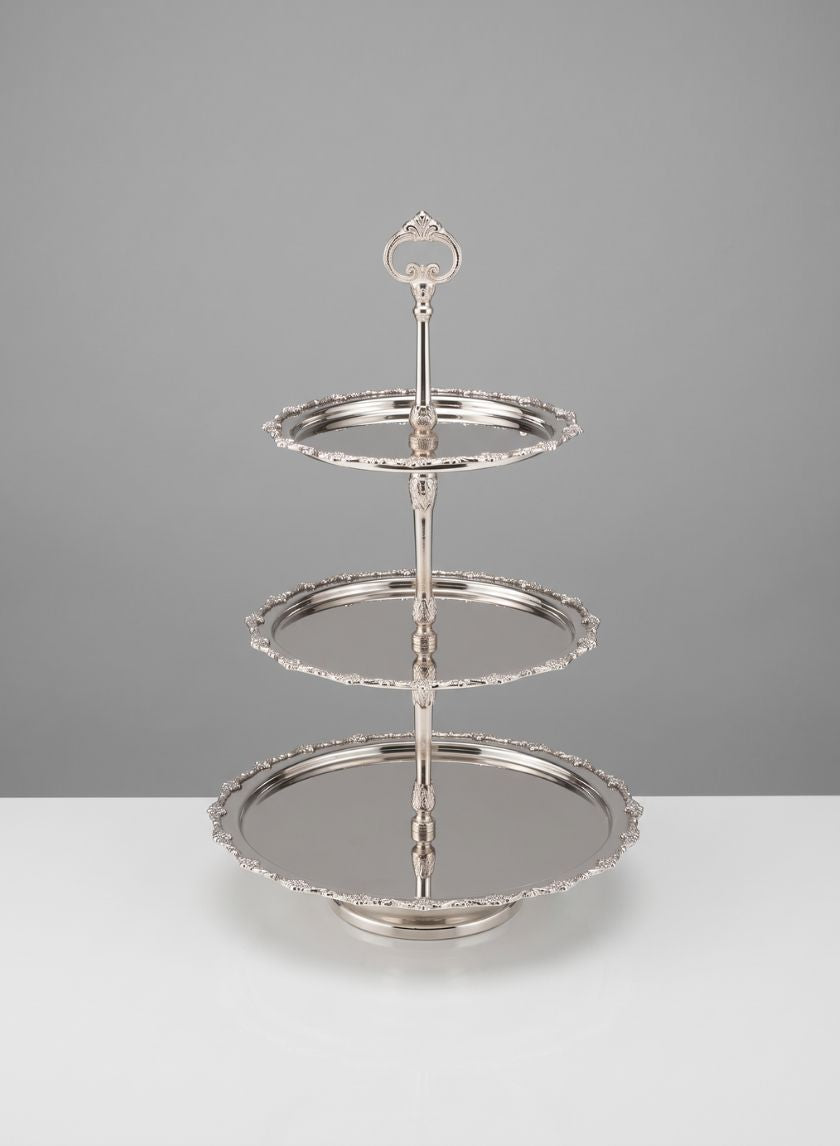 19in Tall Pierrefort Lace Silver 3 Plate Stand